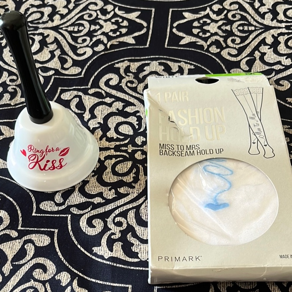Primark Miss to Mrs Backseam Hold Up Stockings and ring for kiss bell